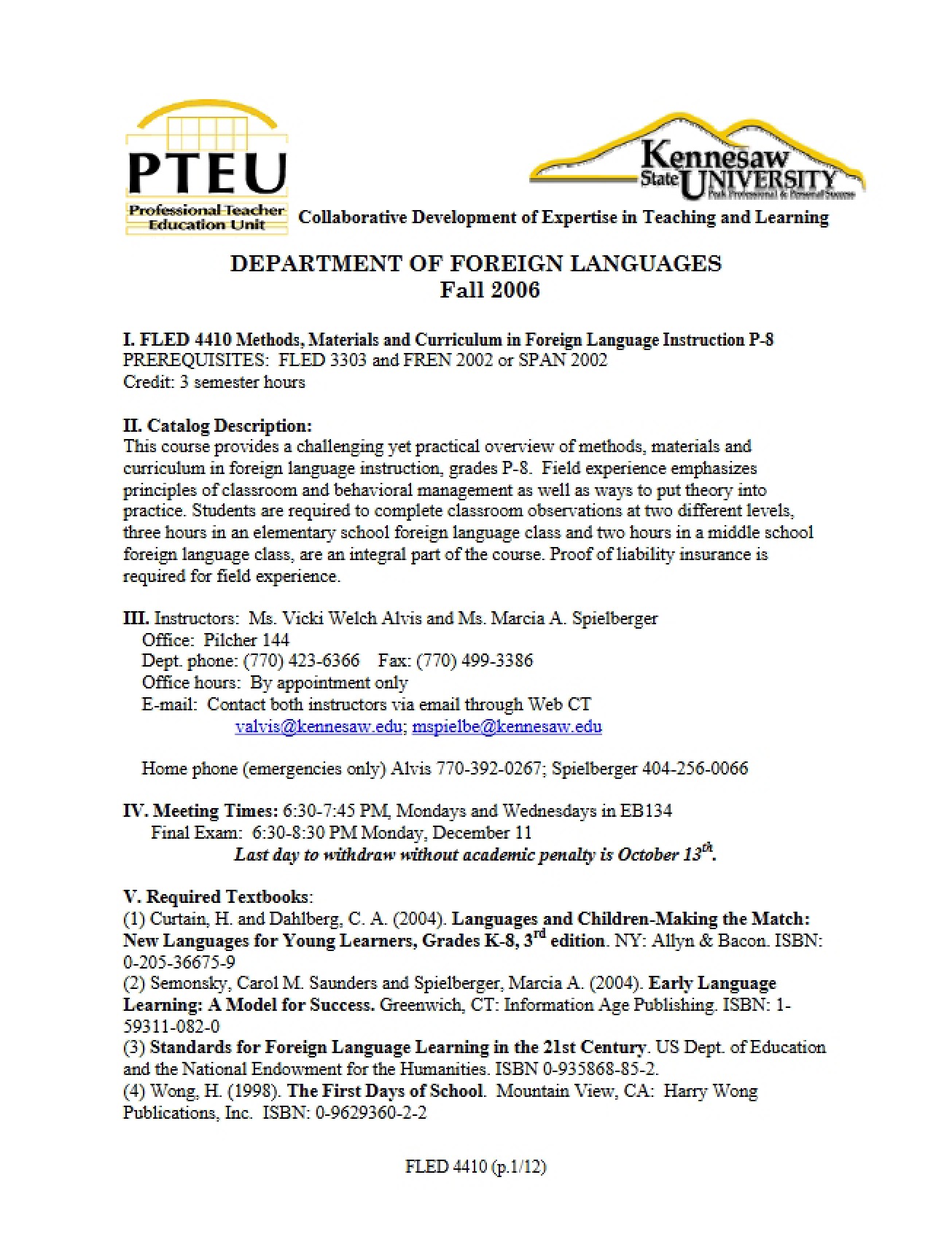 Course Outline for FLED P-8 Methods, Materials & Curriculum