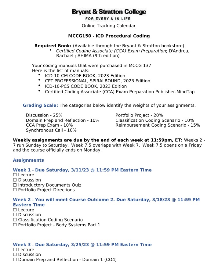 Online Tracking Calendar for MCCG150 ICD Procedural Coding
