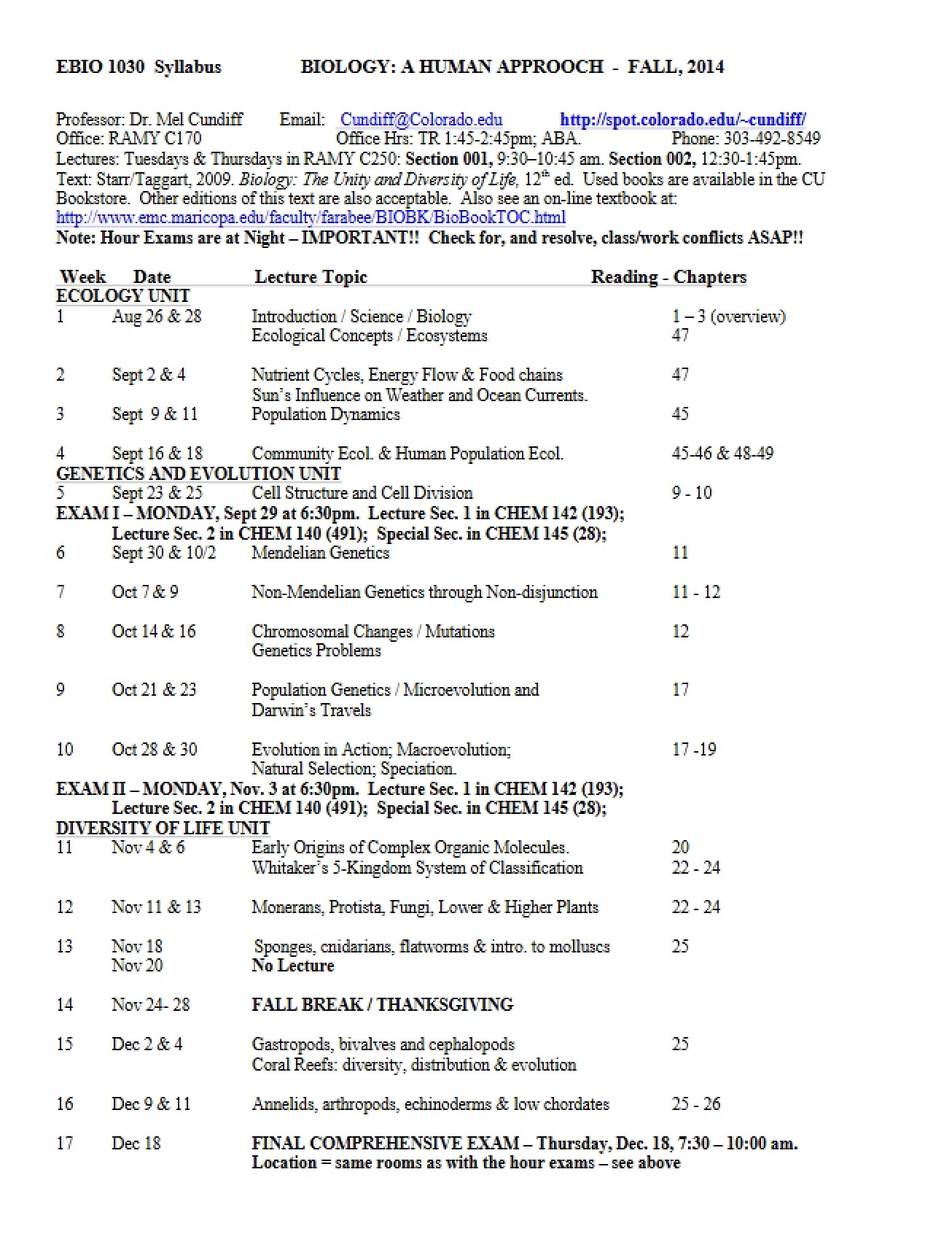 Syllabus for Biology A Human Approach 1