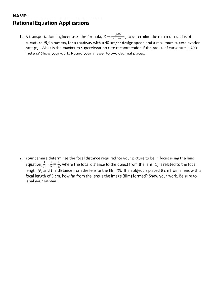 Applications of Rational Equations - Roadway Curvature Camera