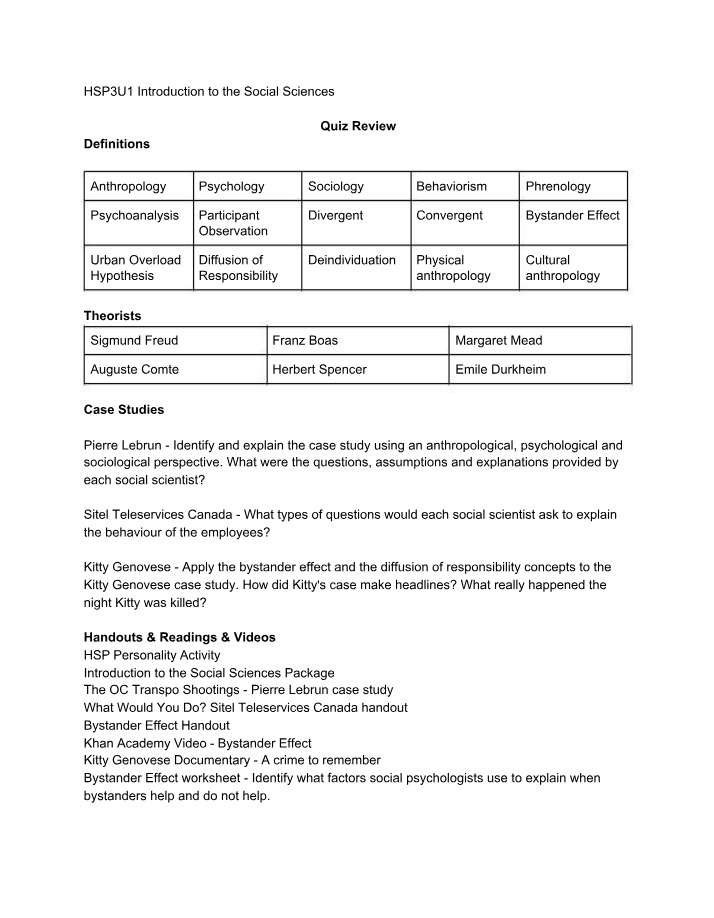Quiz Review - Introduction to Social Sciences