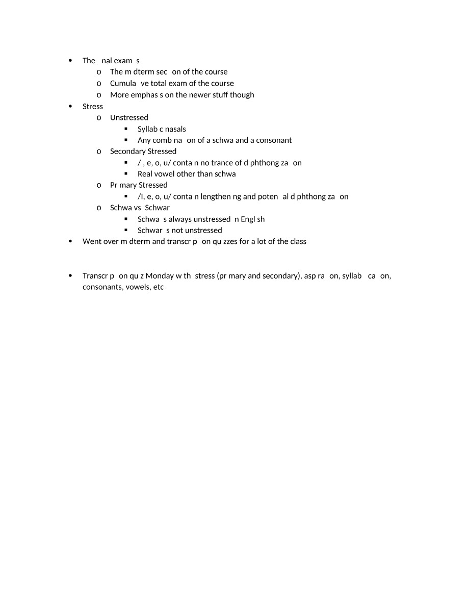 Transcription Quiz Notes - Stress, Aspiration, and Syllabification