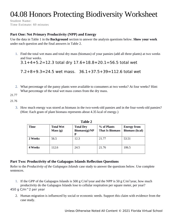 Worksheet for Protecting Biodiversity