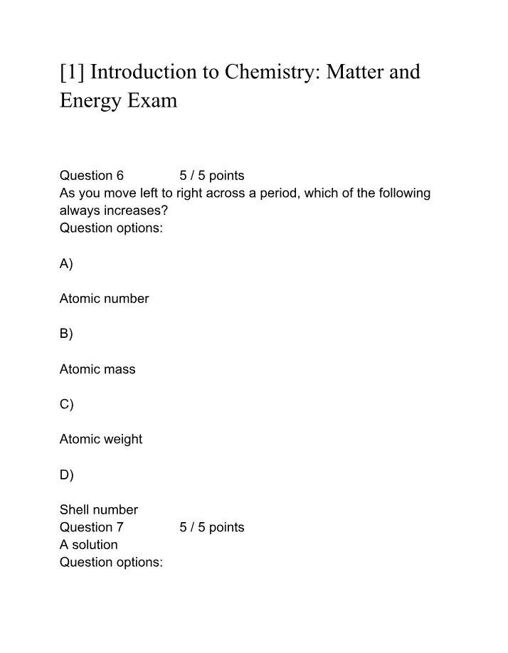 Chemistry Exam - Matter and Energy