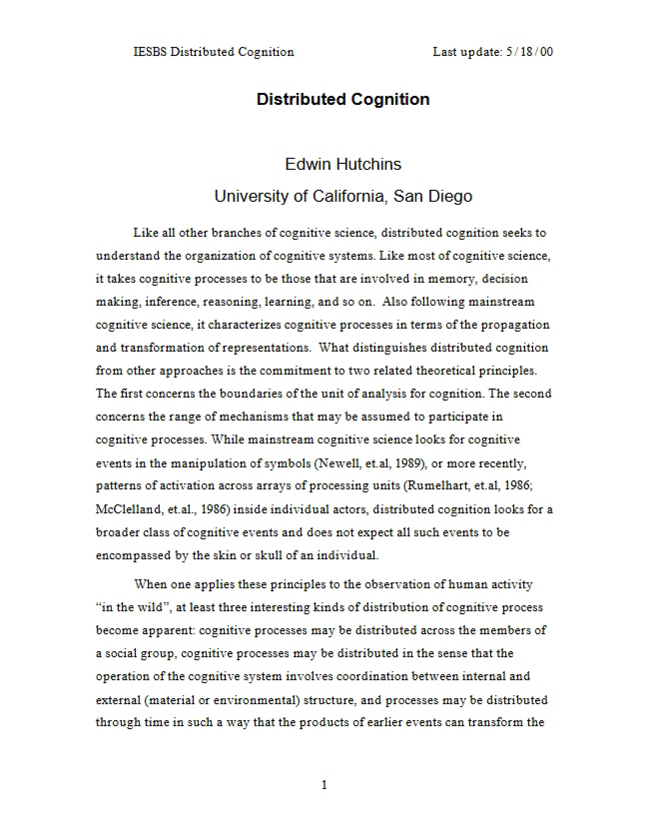Cognition in Distributed Systems