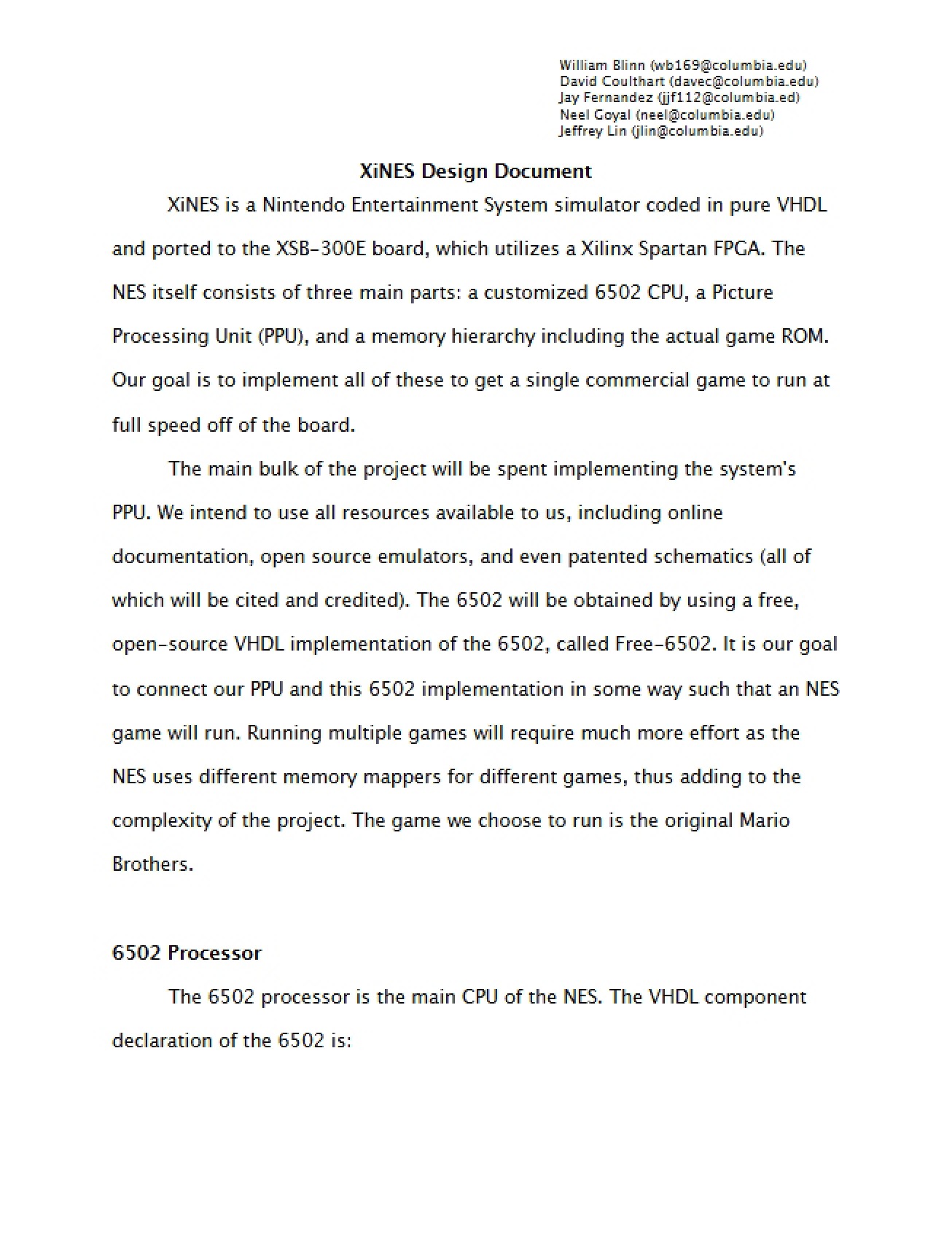 Design Document for XiNES