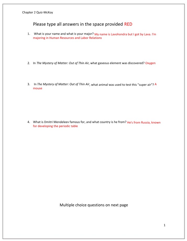 Chapter 2 Quiz - Introduction to Chemistry