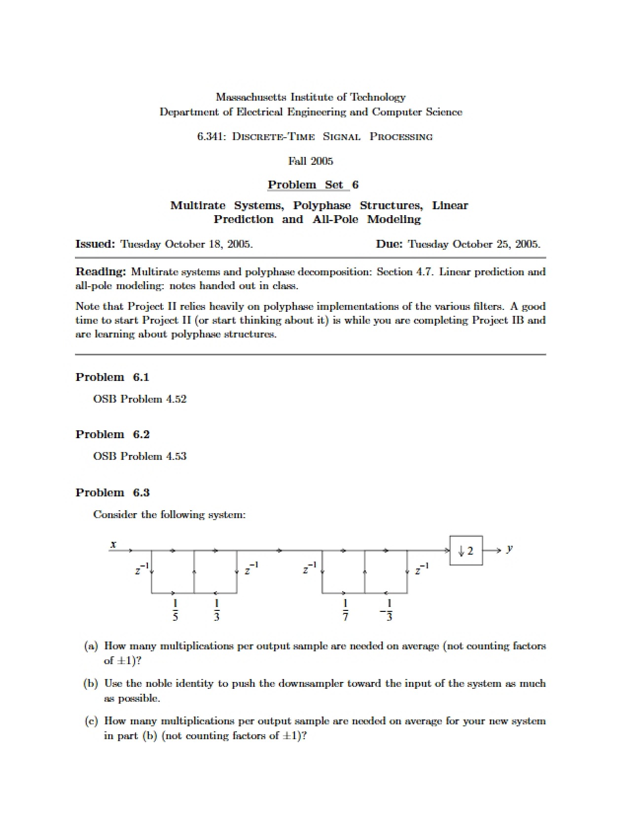 Sixth Problem Set