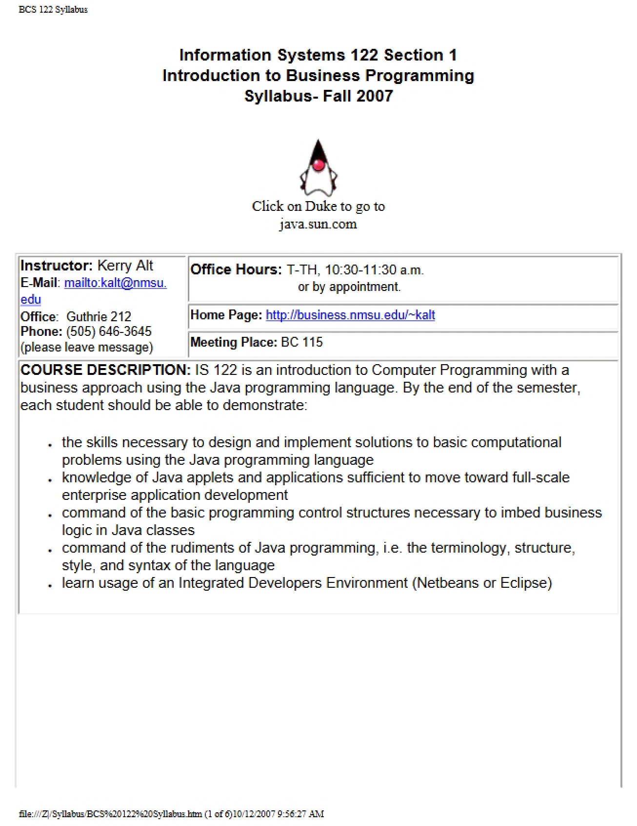 Introduction to Information Systems Programming Course Syllabus