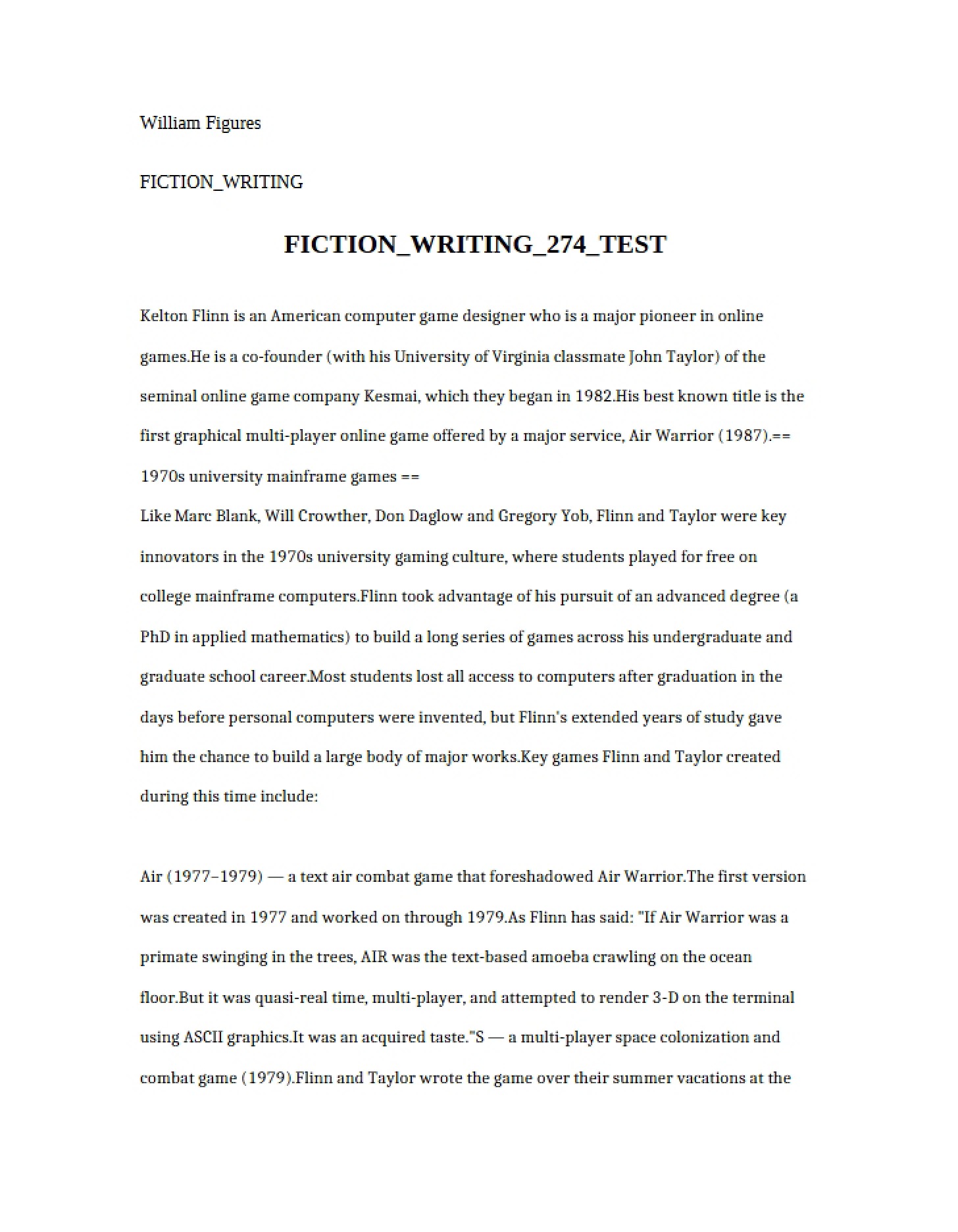 Test for Fiction Writing 274