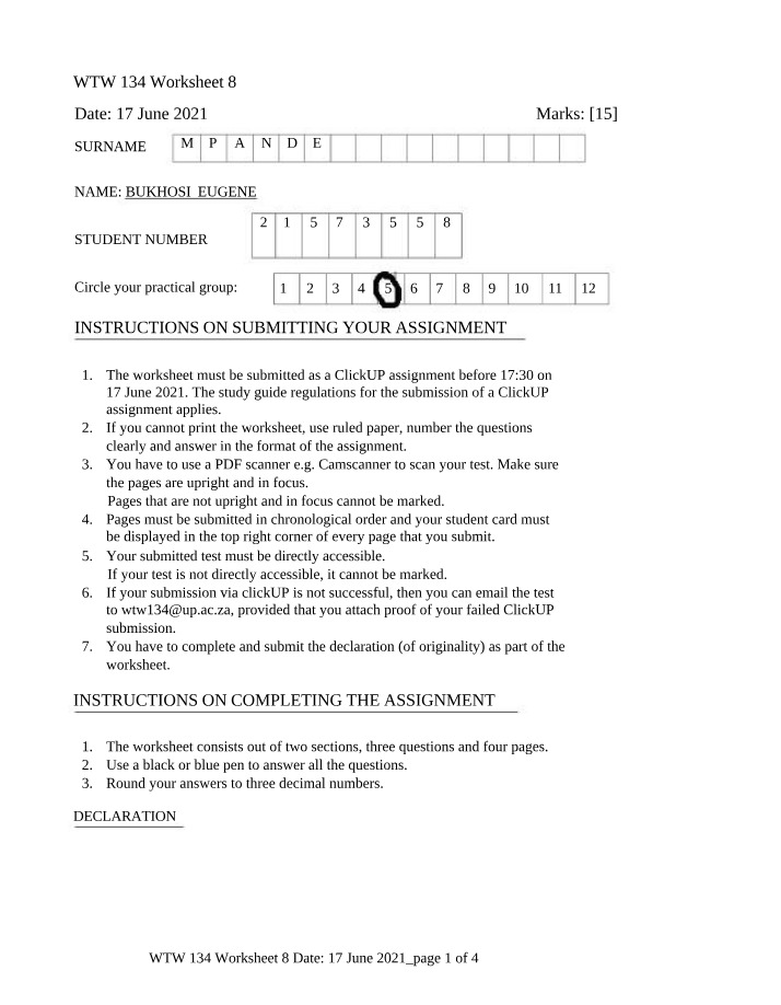 Worksheet 8 - WTW 134