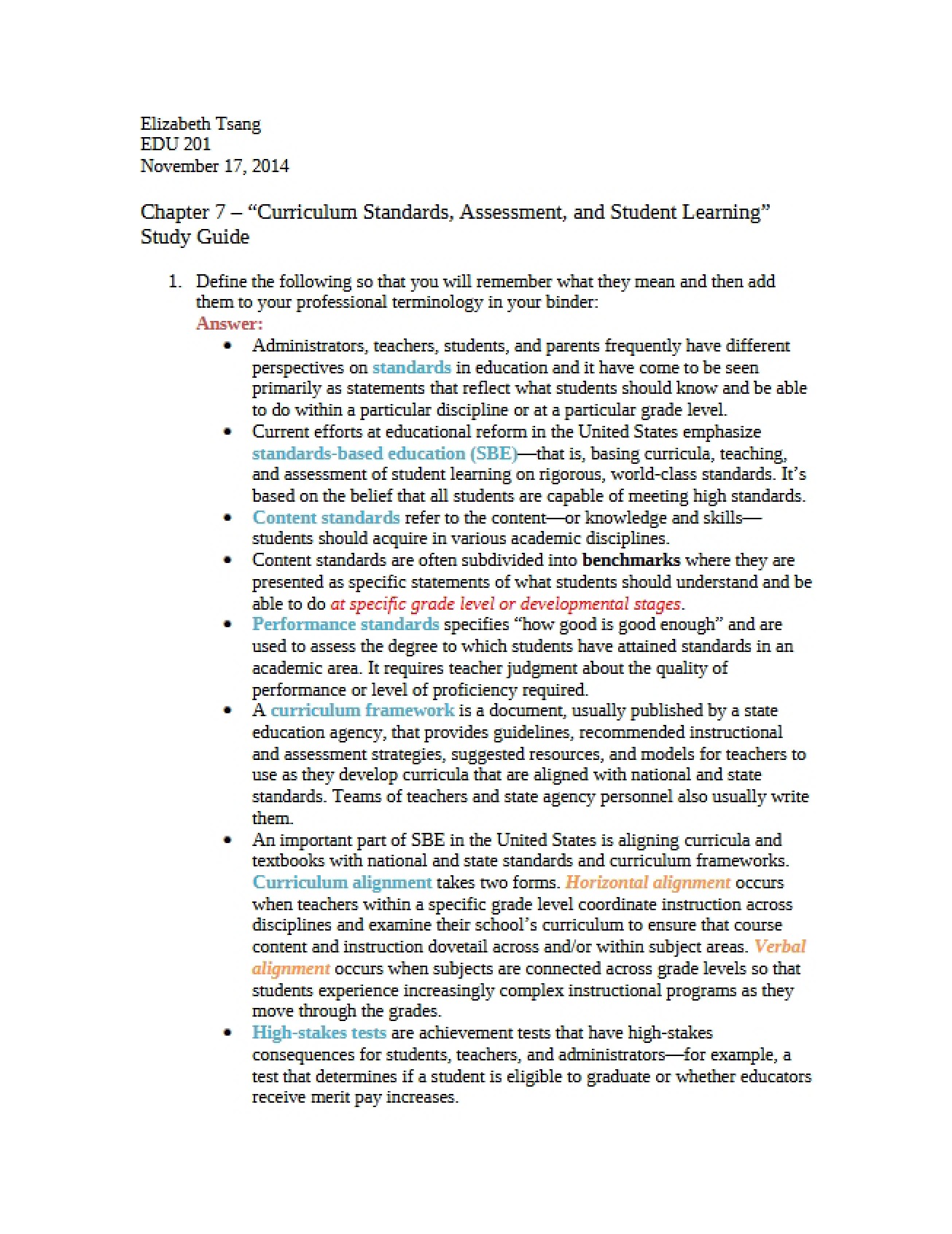 Study Guide Curriculum Standards, Assessment, and Student Learning (Ch 7)