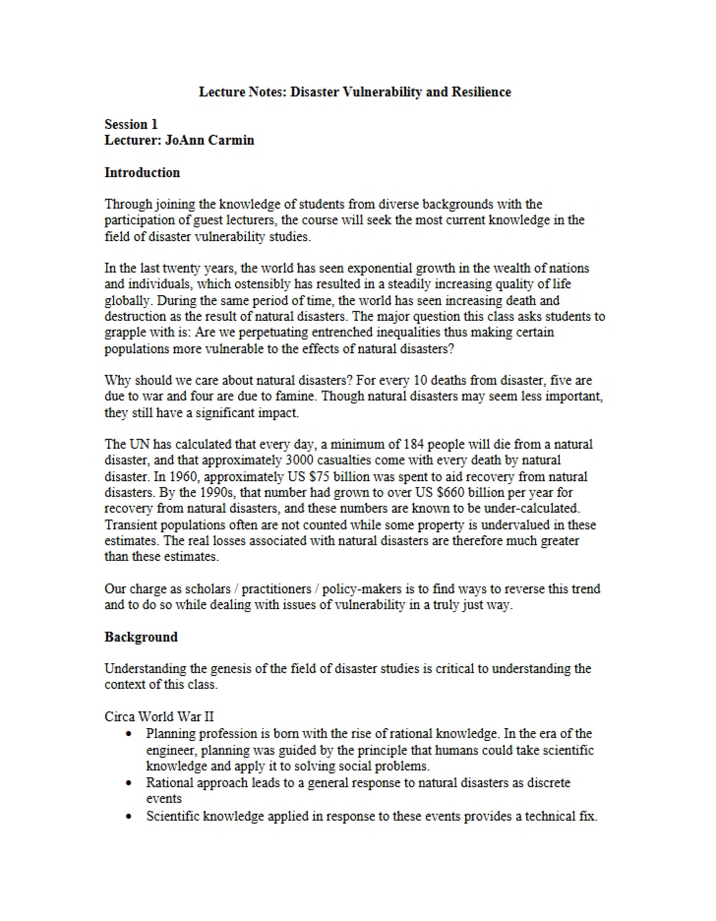 Disasters Vulnerability and Resilience