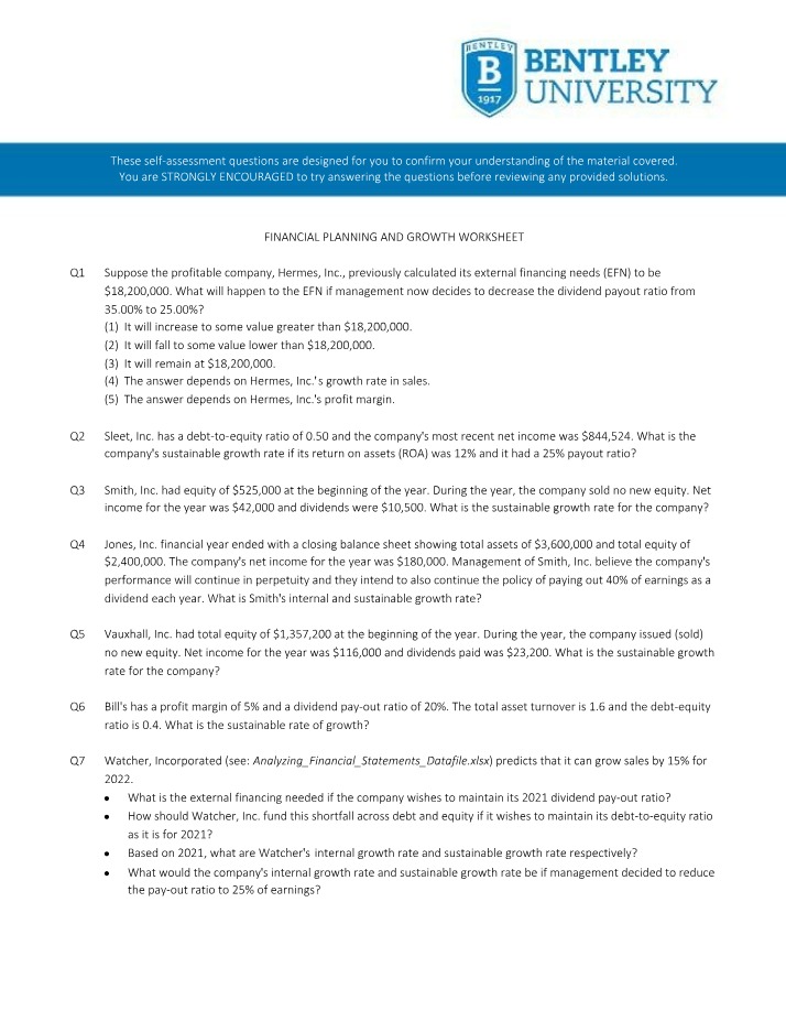 Worksheet on Financial Planning and Growth