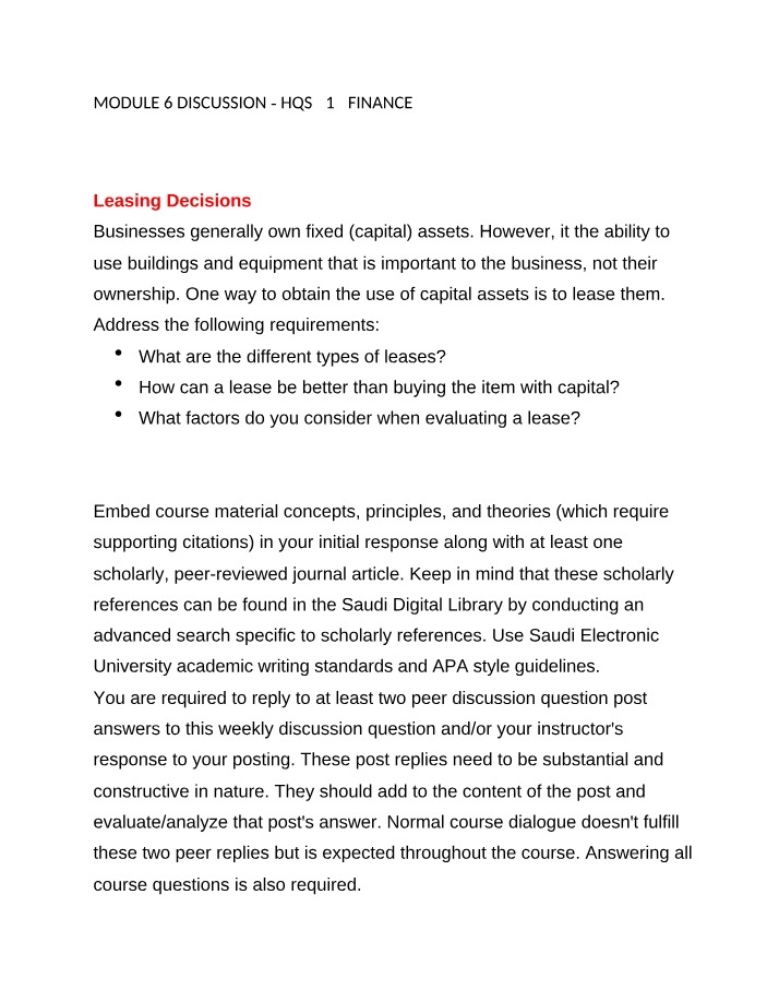 Module 6 Discussion on Leasing Decisions