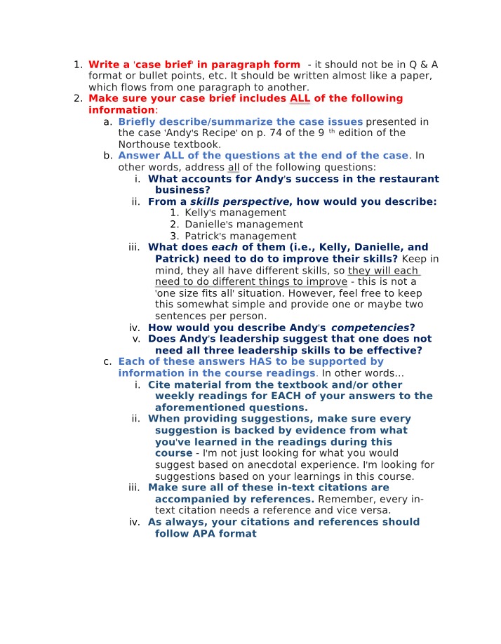 Leadership Skills Assignment - Andy's Recipe Case