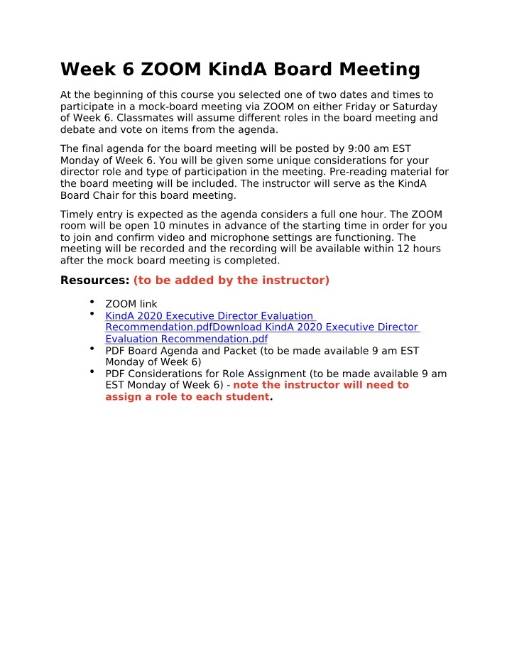 ZOOM Board Meeting - Week 6 Agenda, Roles, and Participation
