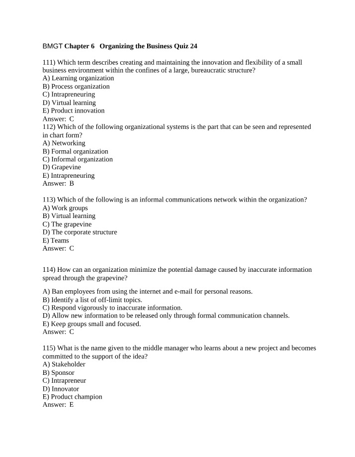 Quiz 24 - Organizing the Business (Chapter 6)