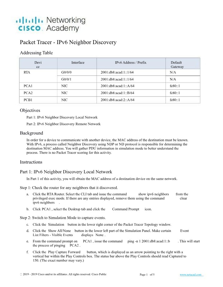 Neighbor Discovery for IPv6 - Packet Tracer