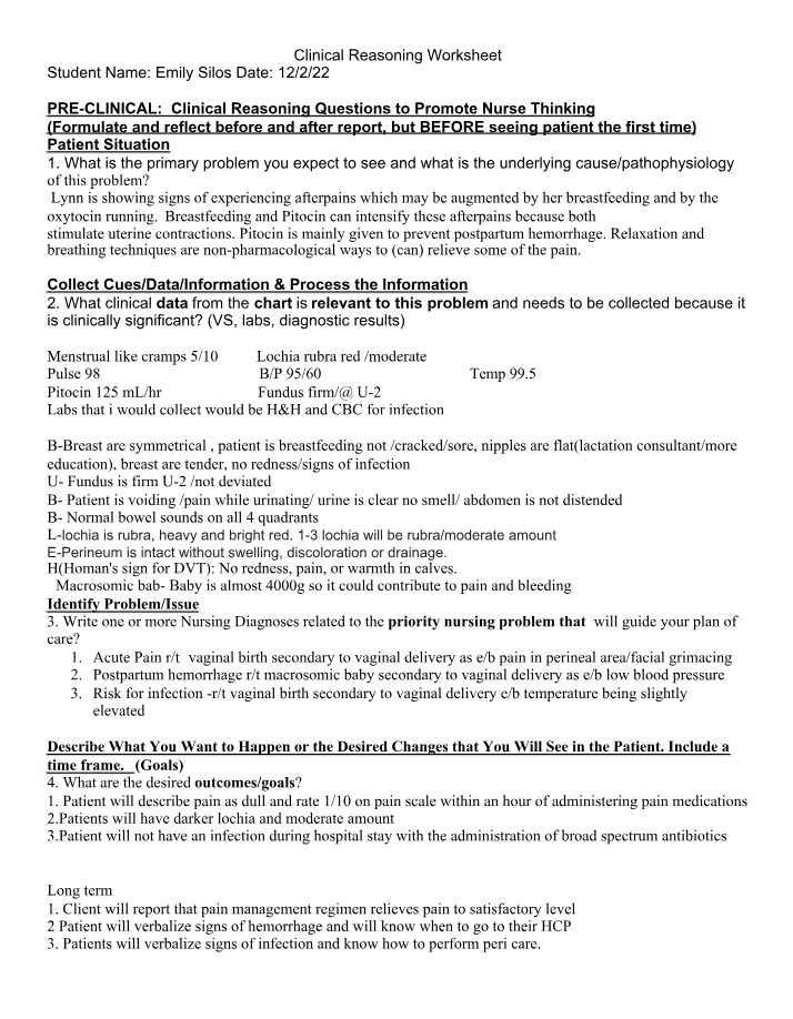 Promoting Nurse Thinking - Clinical Reasoning Questions