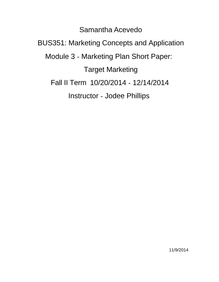 Marketing Plan Short Paper - M3A1