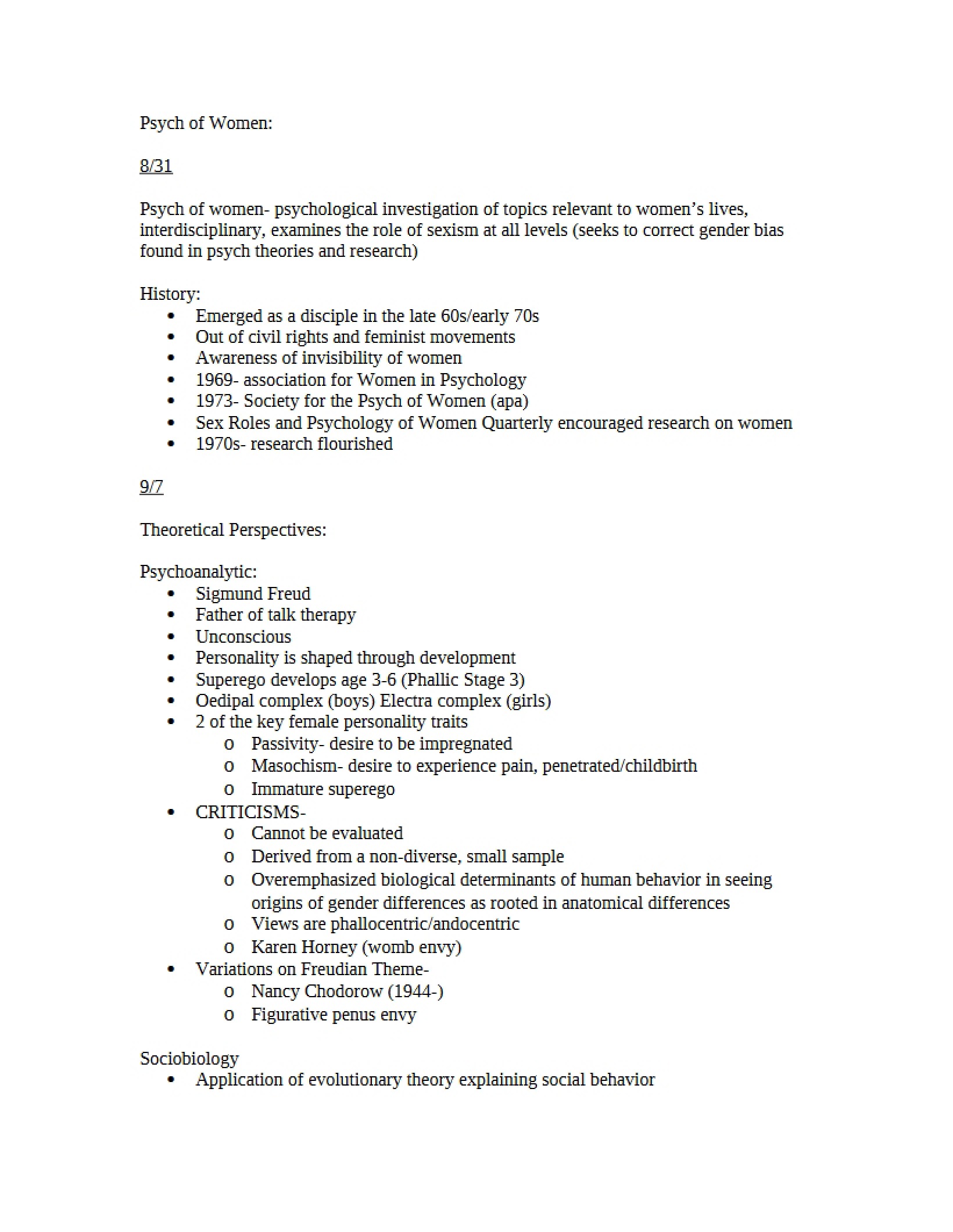 Class Notes on Women's Psychology