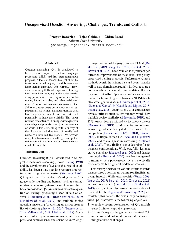 Unsupervised Question Answering - Trends and Challenges in NLP