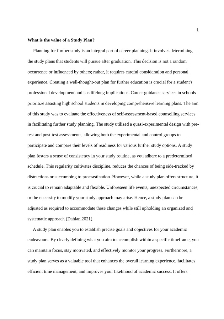 The Value of a Study Plan for Academic Success
