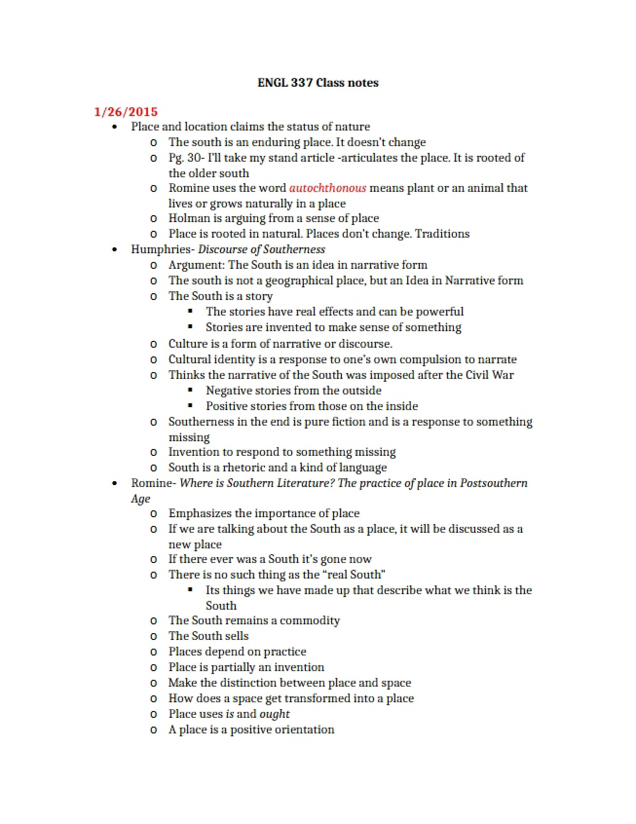 First Set of Class Notes for Life and Literature of the American South