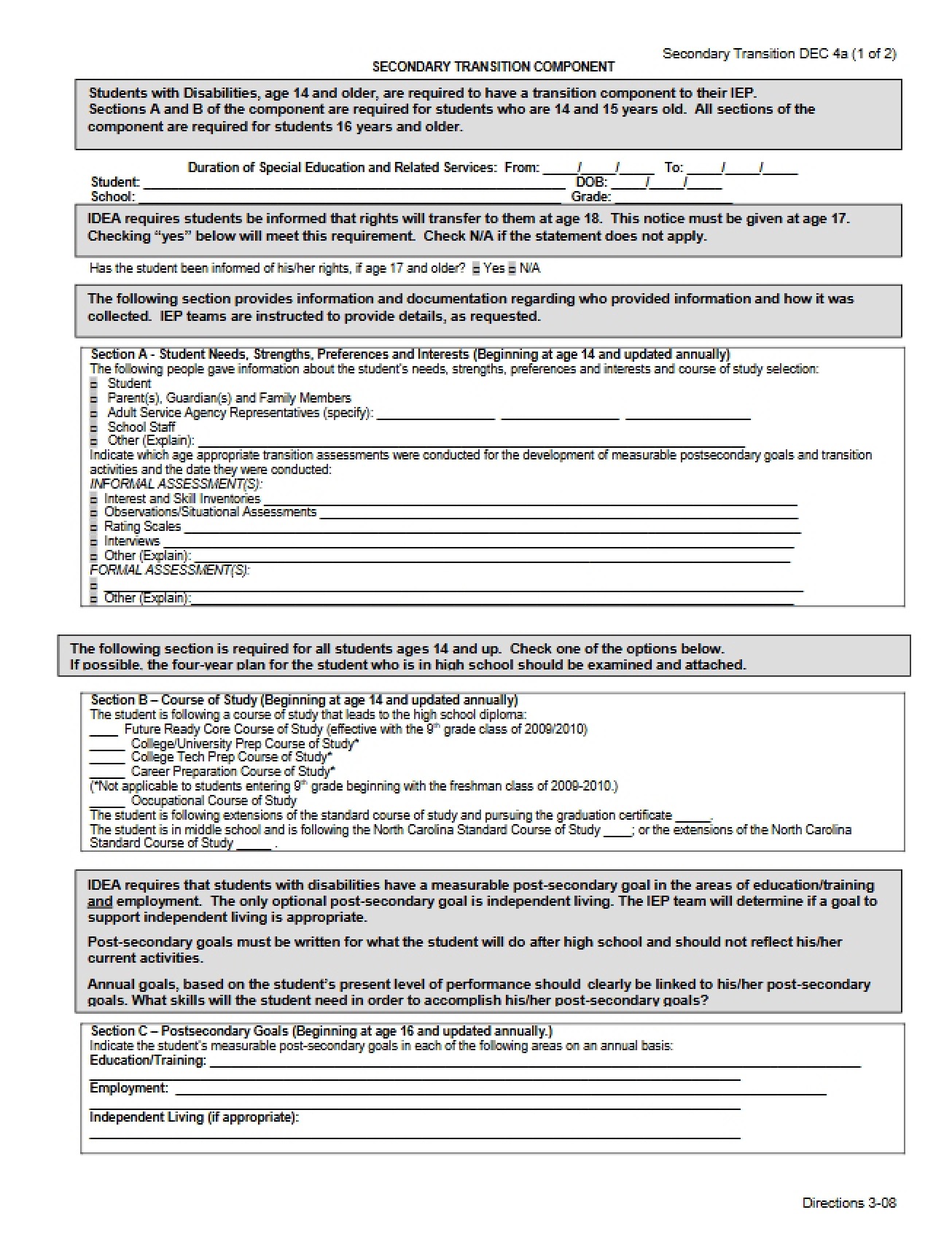 Directions for NC Transition Plan