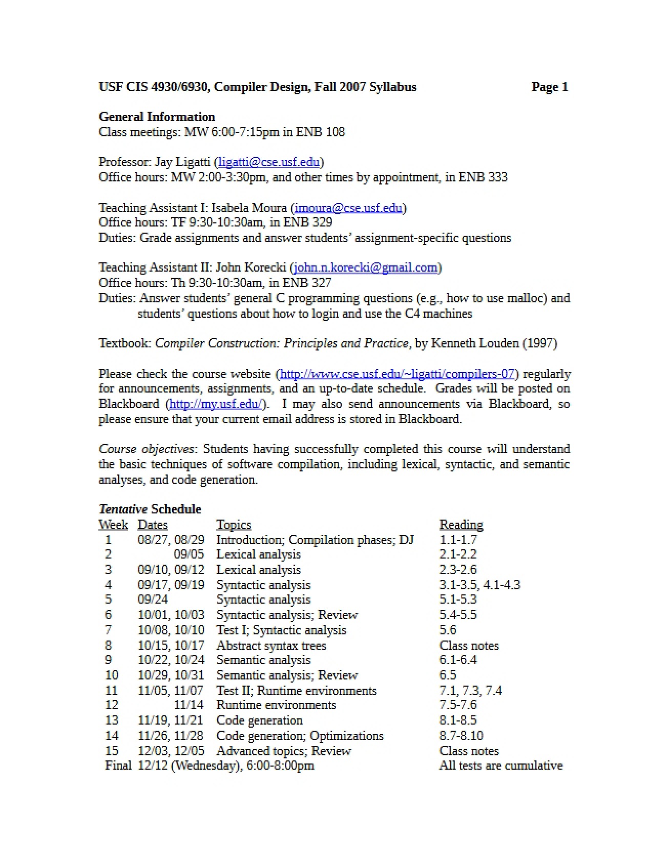 Syllabus for Course CIS 4930 - 2 Pages