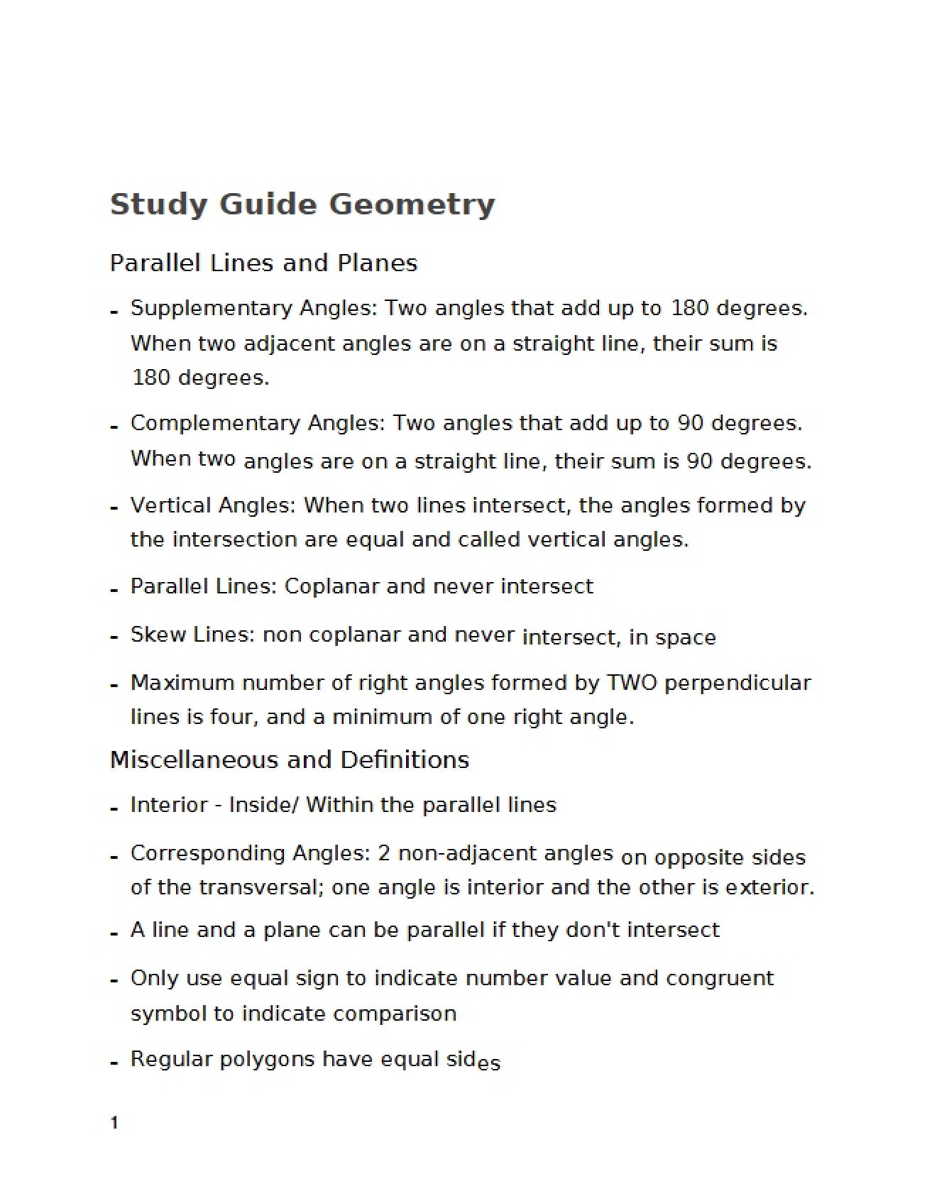 Geometry Study Guide for Calculus