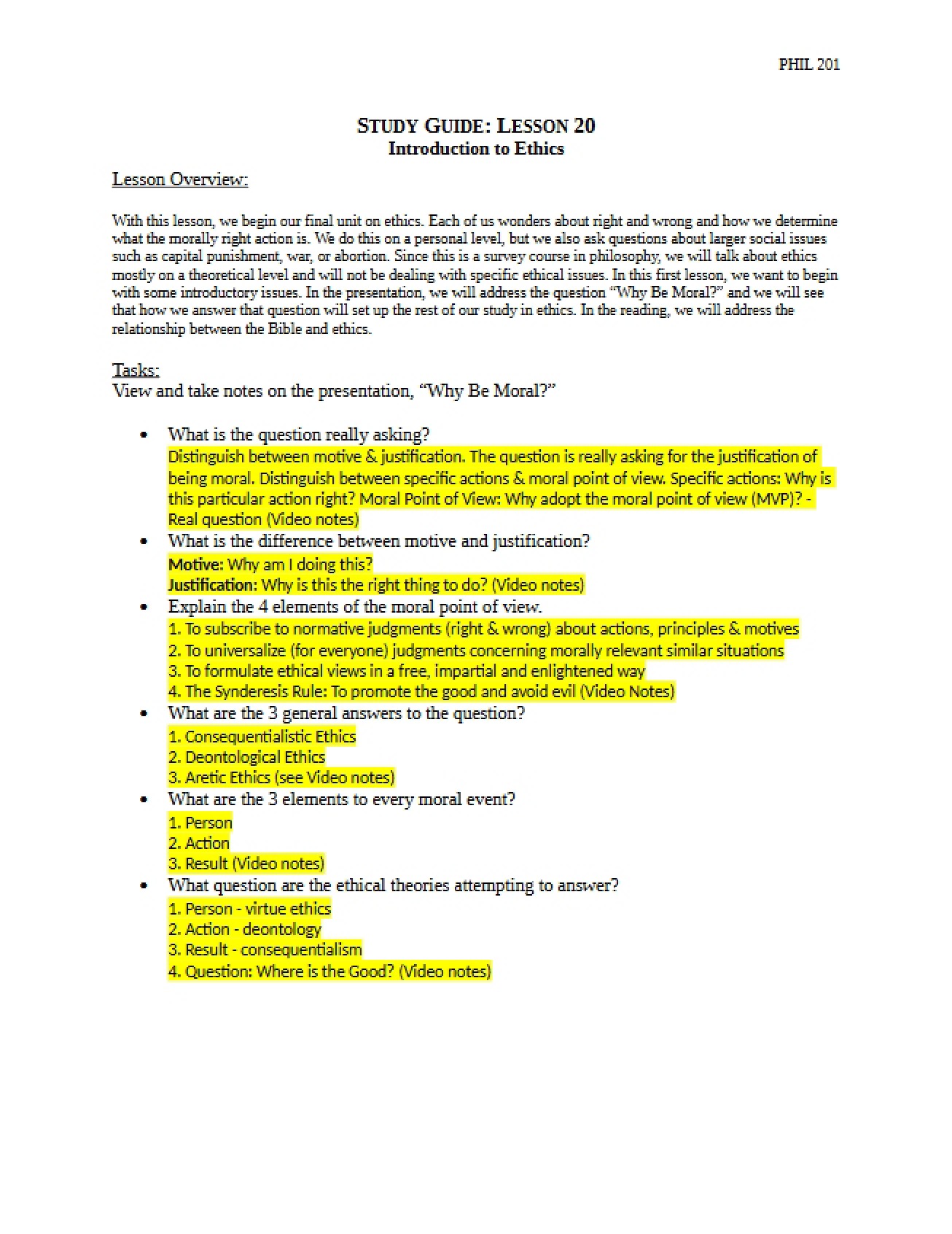 Twentieth Lesson Study Guide for Philosophy