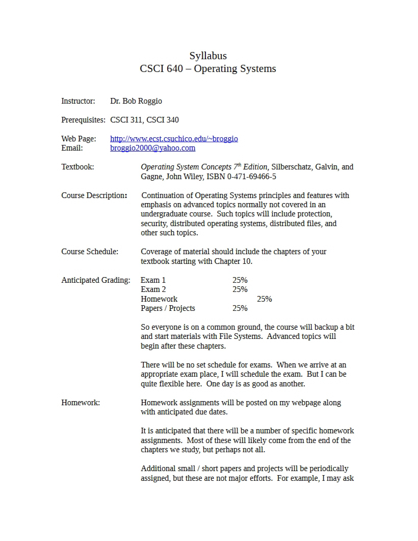 Operating Systems Course Syllabus