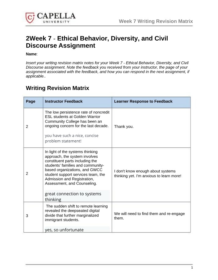 Week 7 Writing Revision Matrix - Ethical Behavior, Diversity, and Civil Discourse