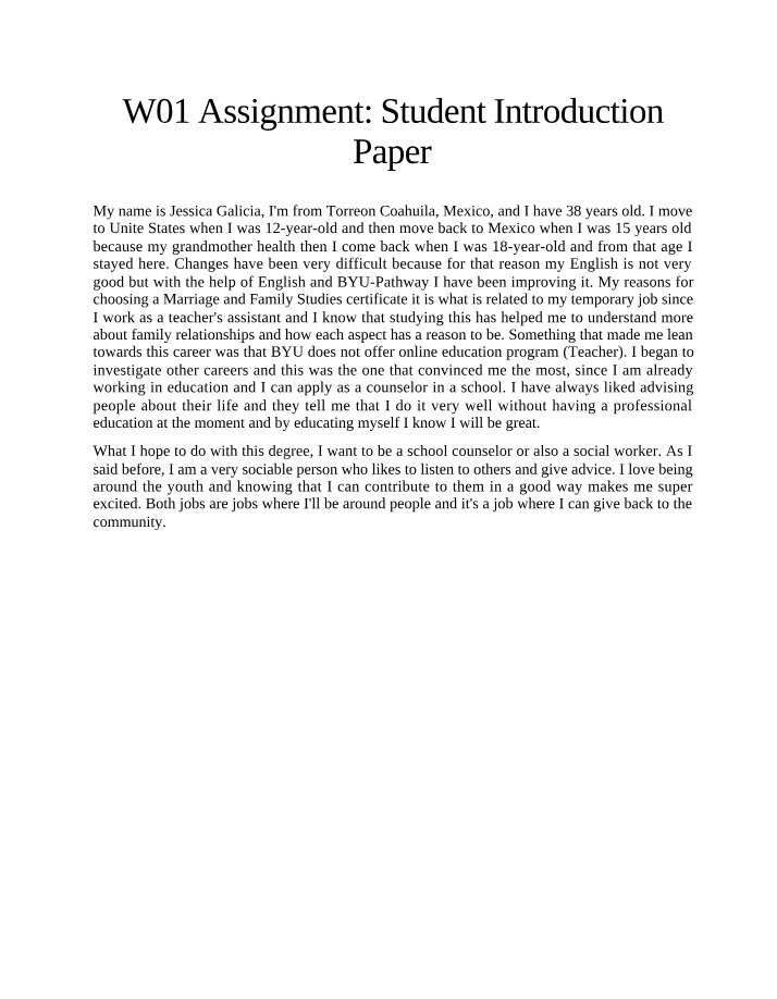 Student Introduction Paper - W01 Assignment