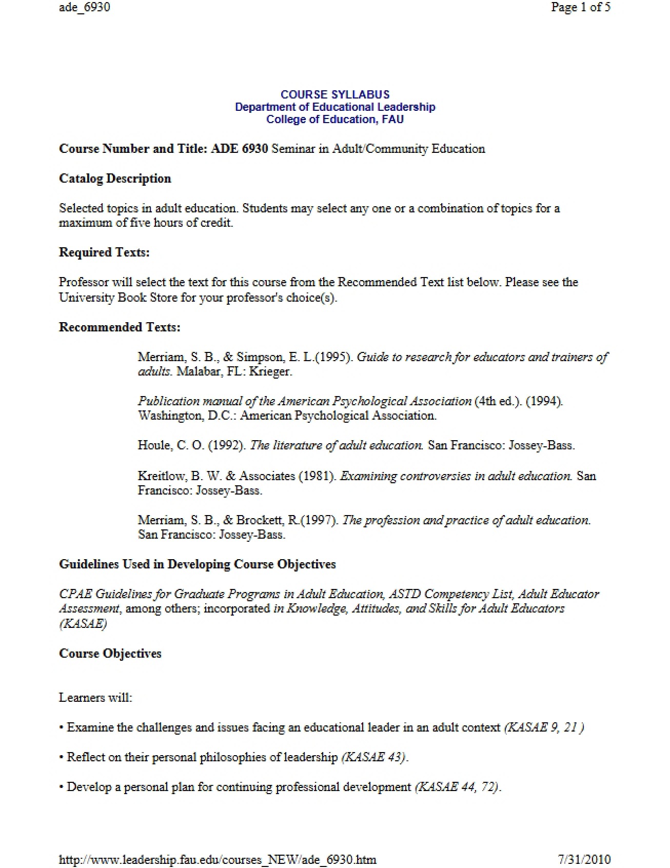 Adult Education Seminar Syllabus