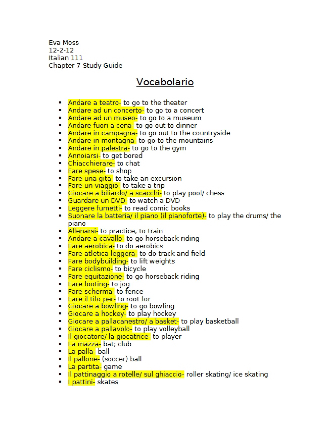 Elementary Italian Chapter Seven Notes