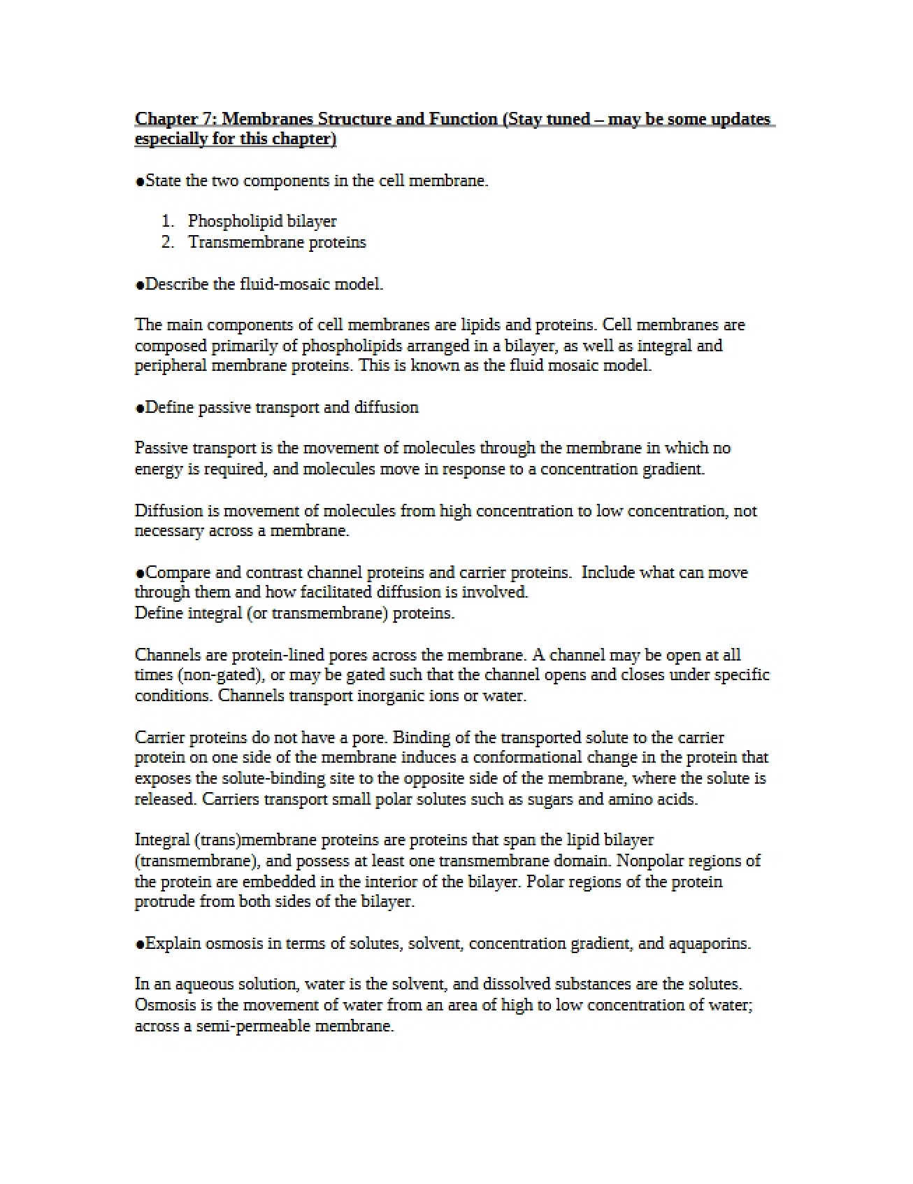 Structure and Function of Membranes (Ch 7)