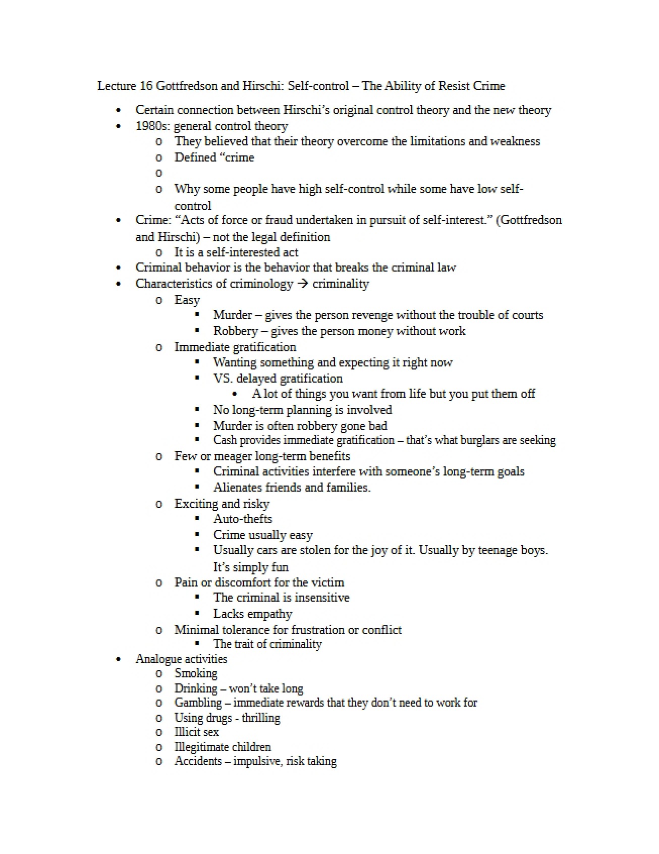 Resisting Crime via Self-Control Lecture 16