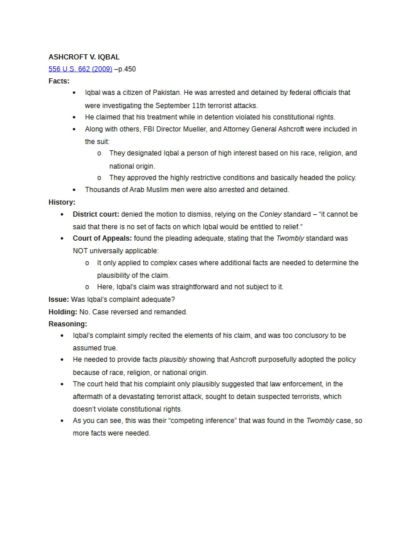 ASHCROFT v IQBAL Legal Brief
