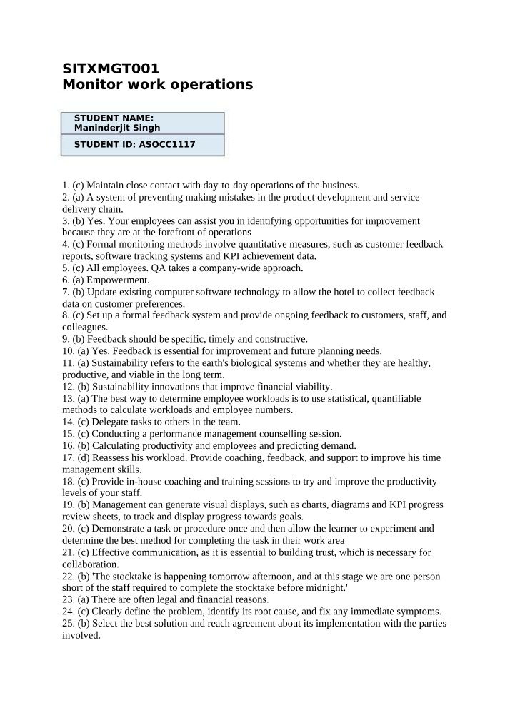 Assessment Answers for SITXMGT001 Monitor Work Operations