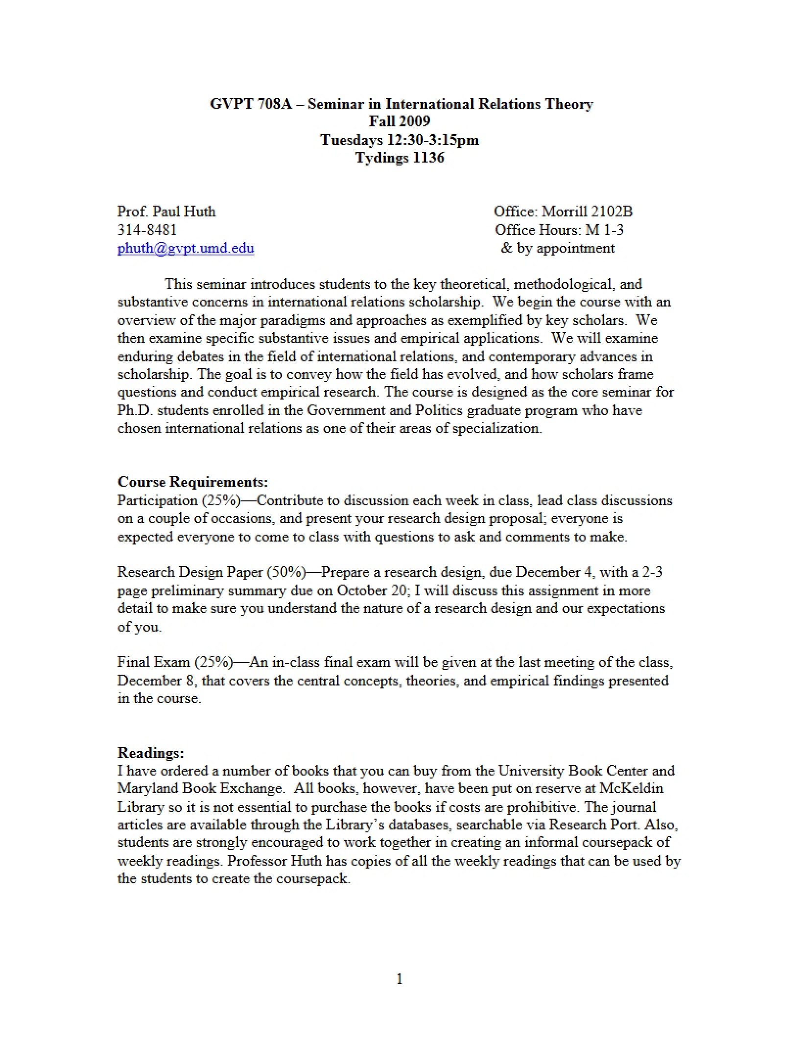 Course Outline for IR Theory
