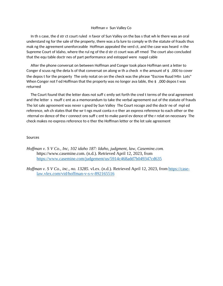 Case Summary - Hoffman v Sun Valley Co
