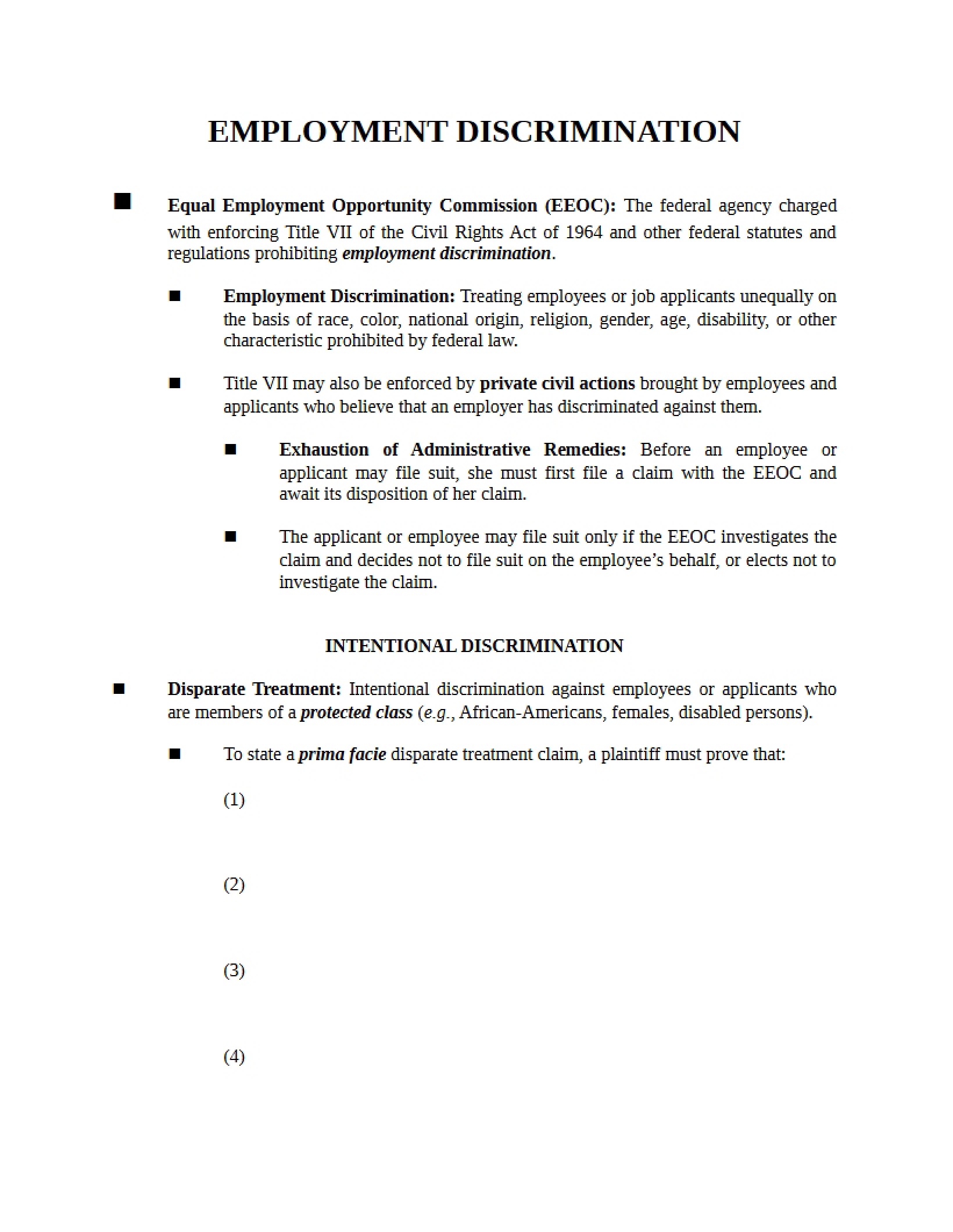 Student Lecture Outline Employment Discrimination