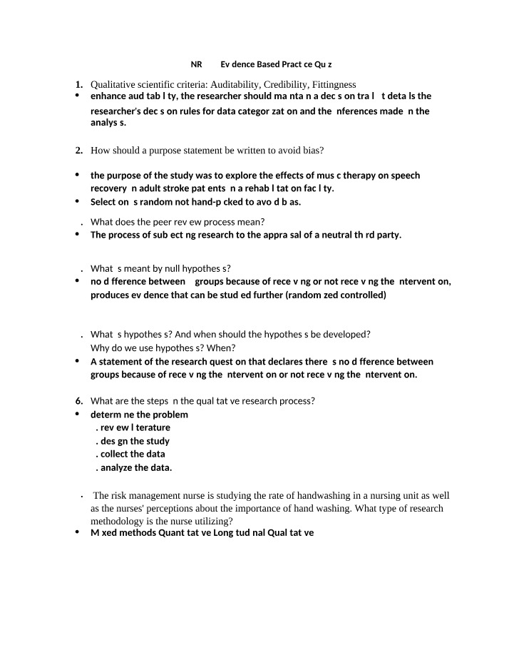 NR449 Quiz 2 - Evidence Based Practice
