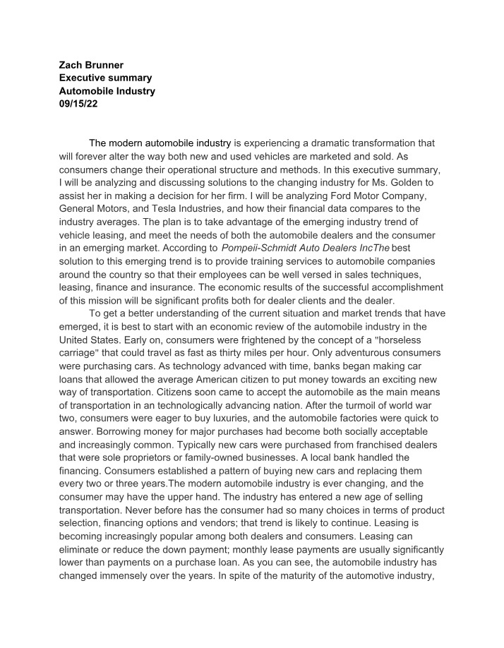 Automobile Industry - Ethical Dilemma and Executive Summary