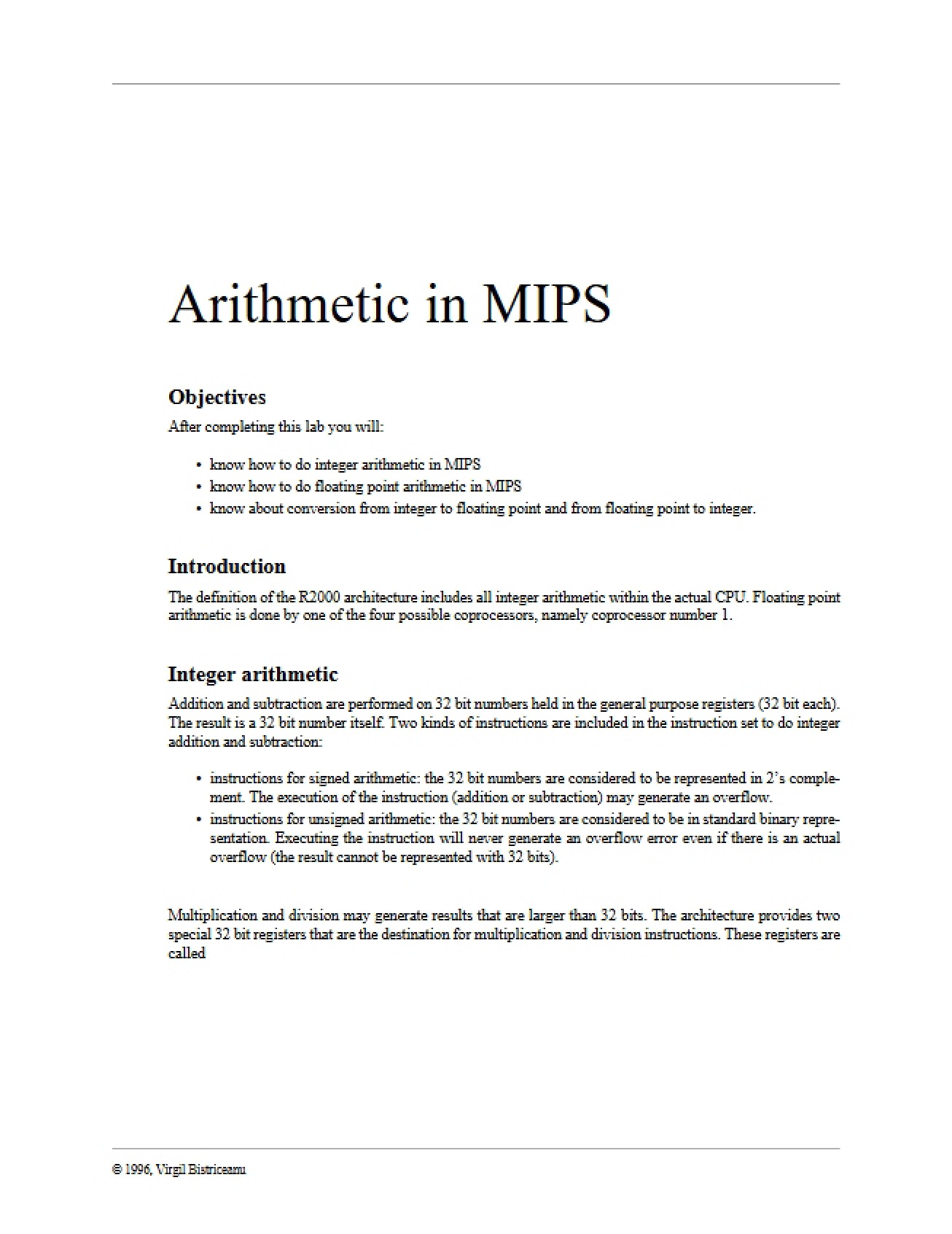 MIPS Arithmetic Operations