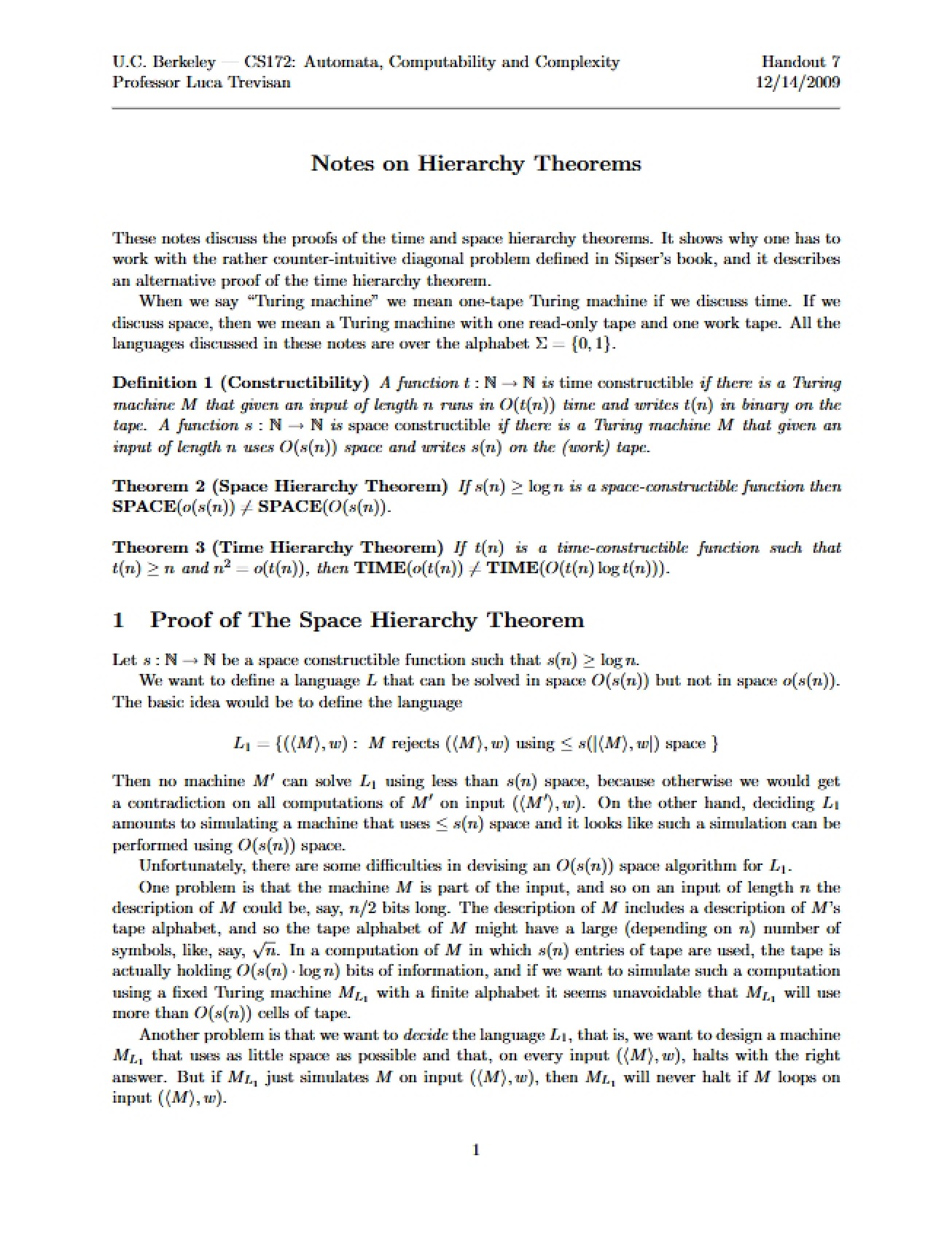 Notes on Hierarchy Theorems (Set 1)