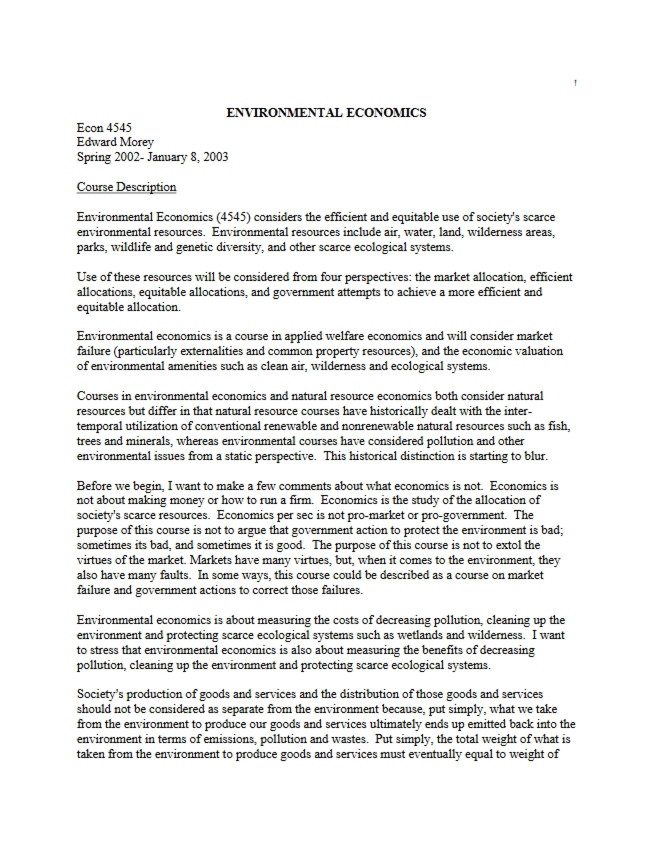 Environmental Economics Syllabus (Set 1)